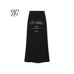 ODTD Printed Slogan Drawstring Maxi Skirt Black