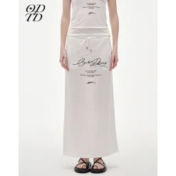 ODTD Printed Slogan Drawstring Maxi Skirt White