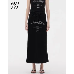 ODTD Printed Slogan Drawstring Maxi Skirt Black