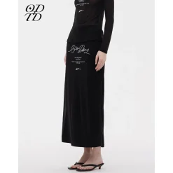 ODTD Printed Slogan Drawstring Maxi Skirt Black
