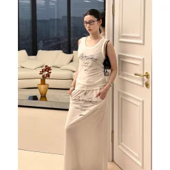ODTD Printed Slogan Drawstring Maxi Skirt White