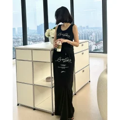 ODTD Printed Slogan Drawstring Maxi Skirt Black