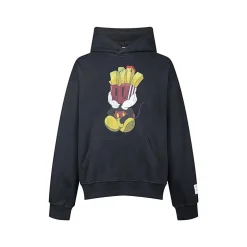 Purey Distressed  Fries Micky Printed Hoodie Washed Black