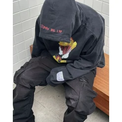 Purey Distressed  Fries Micky Printed Hoodie Washed Black