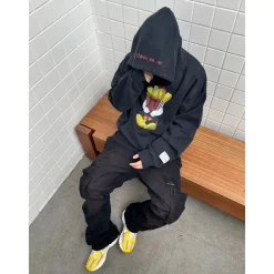 Purey Distressed  Fries Micky Printed Hoodie Washed Black
