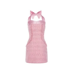 Rocha Roma Beaded Tweed Halterneck Dress Pink