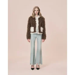 Rocha Roma Color Blocked Curly Fur Jacket Brown