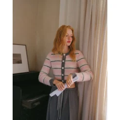 Rocha Roma Color Blocked Striped Cardigan pink