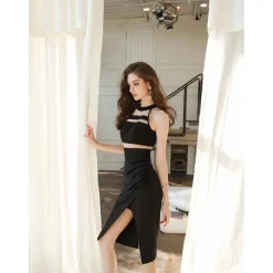 Rocha Roma Color Blocked Mesh Off-Shoulder Dress Black