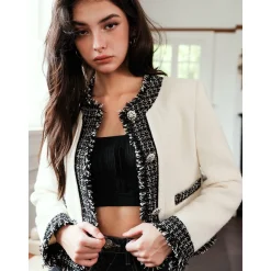 Rocha Roma Color Blocked Metal Button Tweed Jacket