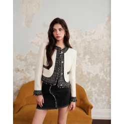 Rocha Roma Color Blocked Metal Button Tweed Jacket