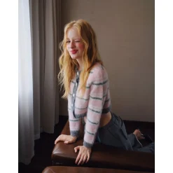 Rocha Roma Color Blocked Striped Cardigan pink