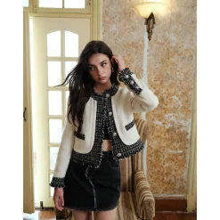 Rocha Roma Color Blocked Metal Button Tweed Jacket