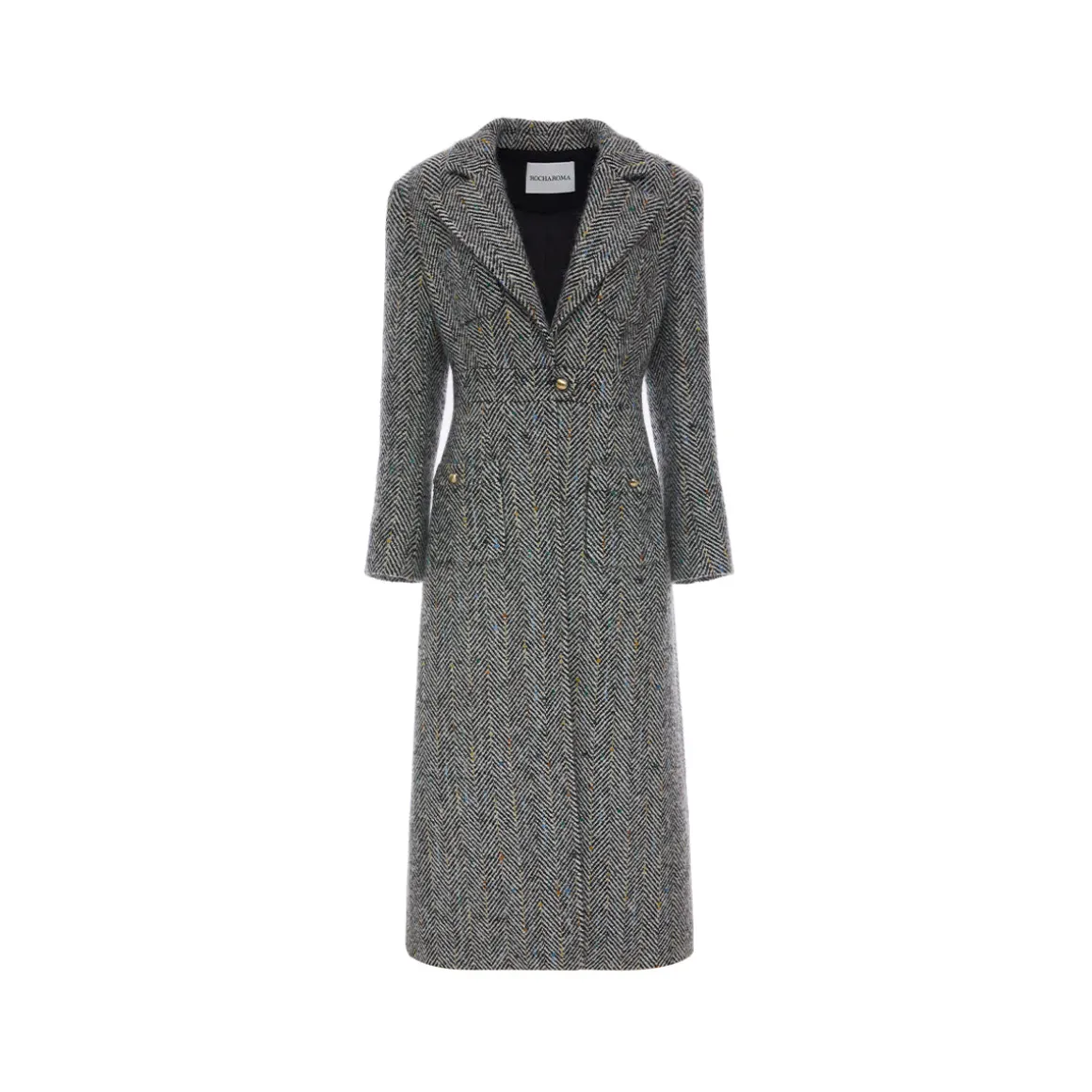 Rocha Roma Colored Dots Plaid Lapel Tweed Long Coat