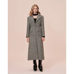 Rocha Roma Colored Dots Plaid Lapel Tweed Long Coat