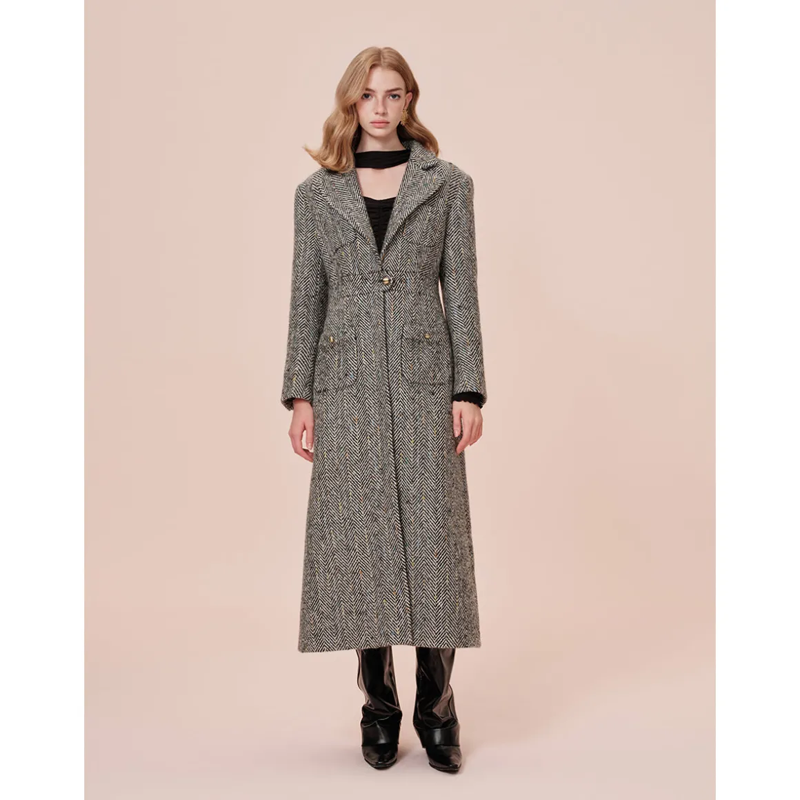 Rocha Roma Colored Dots Plaid Lapel Tweed Long Coat