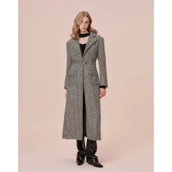 Rocha Roma Colored Dots Plaid Lapel Tweed Long Coat
