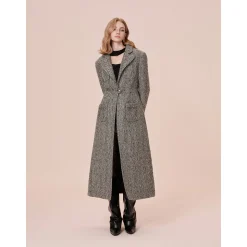 Rocha Roma Colored Dots Plaid Lapel Tweed Long Coat