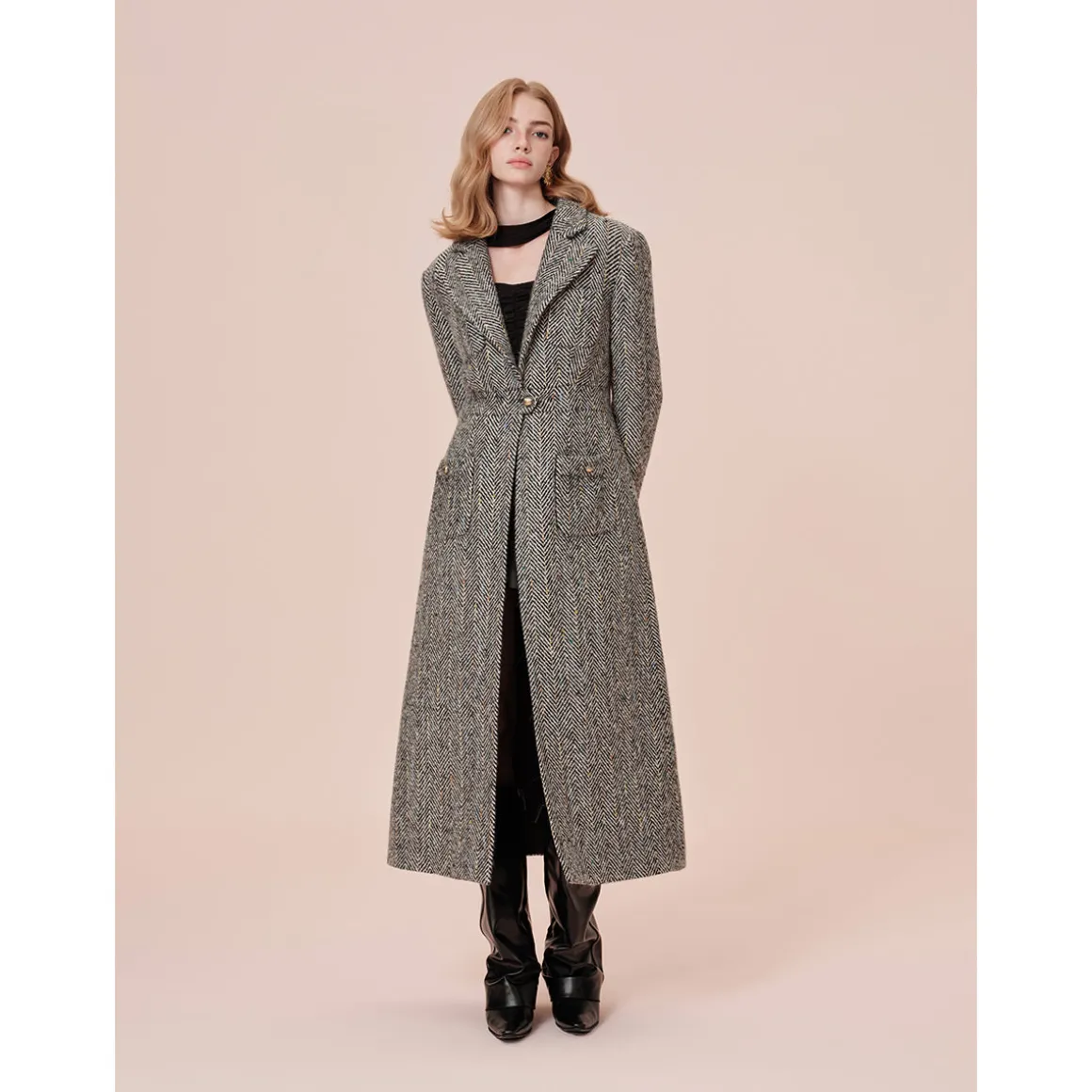 Rocha Roma Colored Dots Plaid Lapel Tweed Long Coat