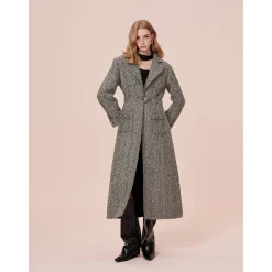 Rocha Roma Colored Dots Plaid Lapel Tweed Long Coat