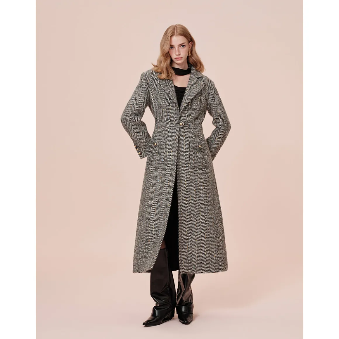 Rocha Roma Colored Dots Plaid Lapel Tweed Long Coat
