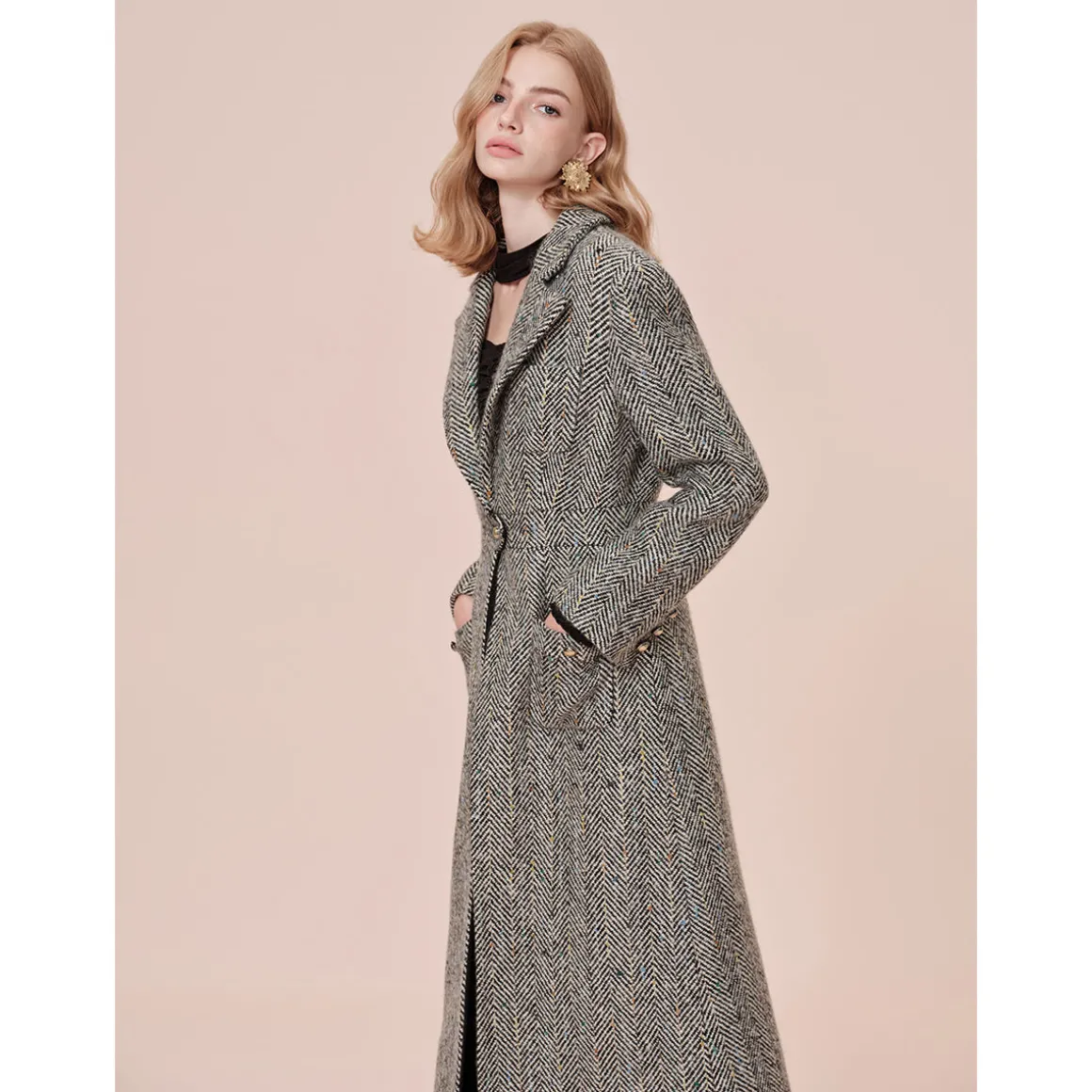Rocha Roma Colored Dots Plaid Lapel Tweed Long Coat