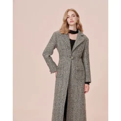 Rocha Roma Colored Dots Plaid Lapel Tweed Long Coat