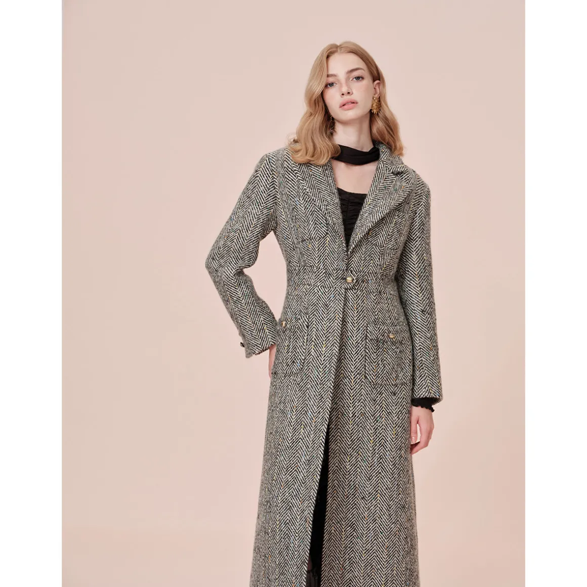 Rocha Roma Colored Dots Plaid Lapel Tweed Long Coat
