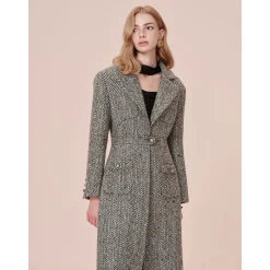 Rocha Roma Colored Dots Plaid Lapel Tweed Long Coat