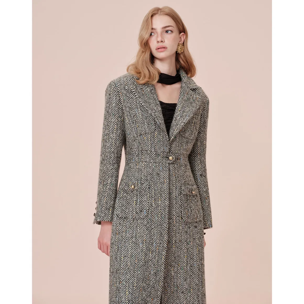 Rocha Roma Colored Dots Plaid Lapel Tweed Long Coat