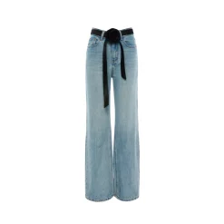 Rocha Roma Contrast Flower Belt Wide Leg Denim Pants