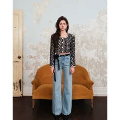 Rocha Roma Contrast Flower Belt Wide Leg Denim Pants