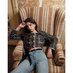 Rocha Roma Contrast Flower Belt Wide Leg Denim Pants
