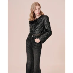 Rocha Roma 3D Rose Diamond Checked Leather Padded Jacket