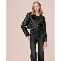 Rocha Roma 3D Rose Diamond Checked Leather Padded Jacket