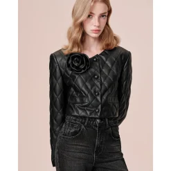 Rocha Roma 3D Rose Diamond Checked Leather Padded Jacket