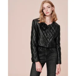 Rocha Roma 3D Rose Diamond Checked Leather Padded Jacket