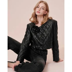 Rocha Roma 3D Rose Diamond Checked Leather Padded Jacket