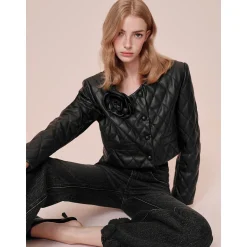 Rocha Roma 3D Rose Diamond Checked Leather Padded Jacket