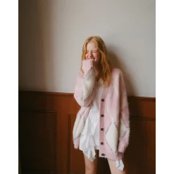 Rocha Roma Diamond Checked Cardigan Pink
