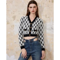 Rocha Roma Diamond Plaid Short Cardigan Black