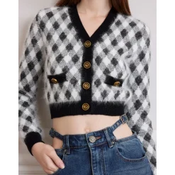 Rocha Roma Diamond Plaid Short Cardigan Black