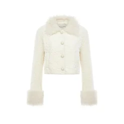 Rocha Roma Floral Velvet Fur Collar Padded Jacket White