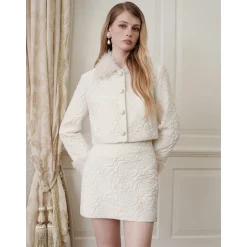 Rocha Roma Floral Velvet Fur Collar Padded Jacket White
