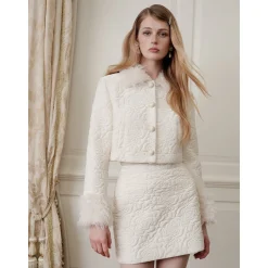 Rocha Roma Floral Velvet Fur Collar Padded Jacket White