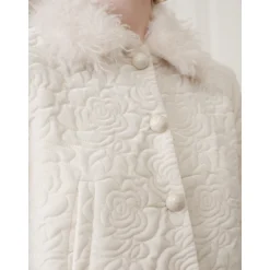 Rocha Roma Floral Velvet Fur Collar Padded Jacket White