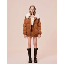 Rocha Roma Fur Lapel Corduroy Down Jacket Khaki