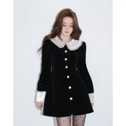 Rocha Roma Lace Stitching Velvet Dress Blacklack