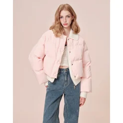 Rocha Roma Patchwork Knit Lapel Short Down Jacket Pink