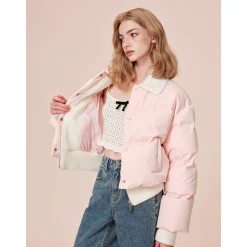 Rocha Roma Patchwork Knit Lapel Short Down Jacket Pink